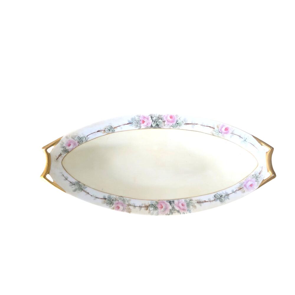 Hutschenruther Bavarian China Rose Pattern Gold Trim 12" X 6" Celery Dish